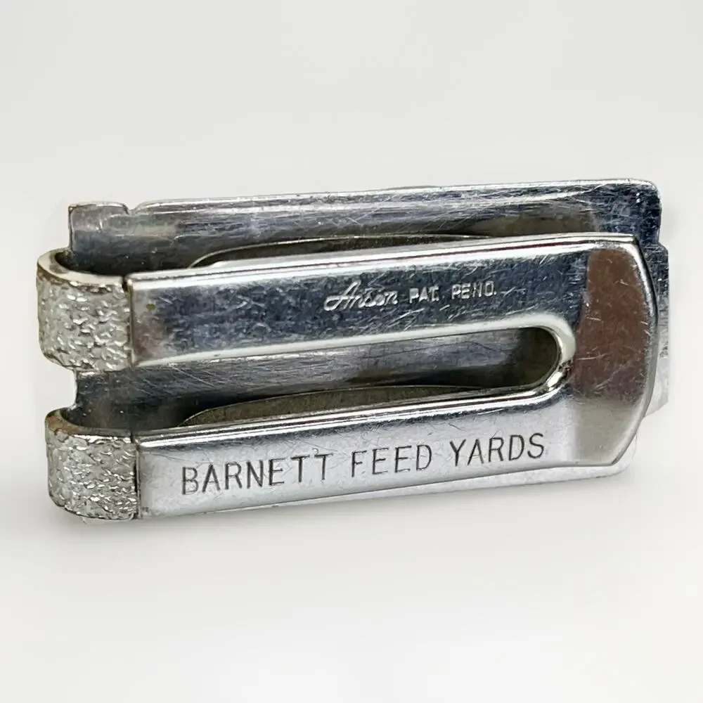 VTG ANSON Silver Tone Belt Buckle Money Clip BARNET FEED YARDS Mid Century USA